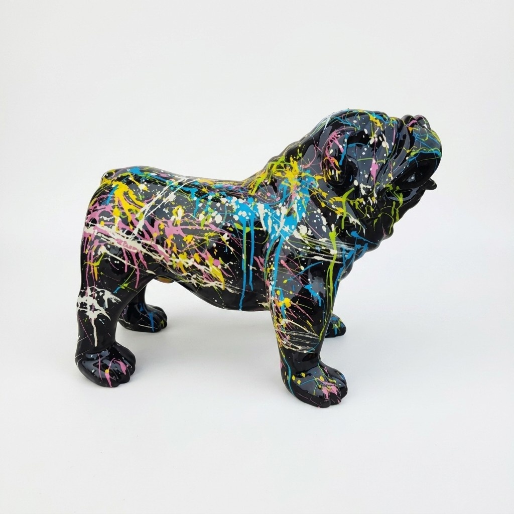 Decorative sculpture designed as a gloss black colored standing dog in colorful stripes 32x55cm