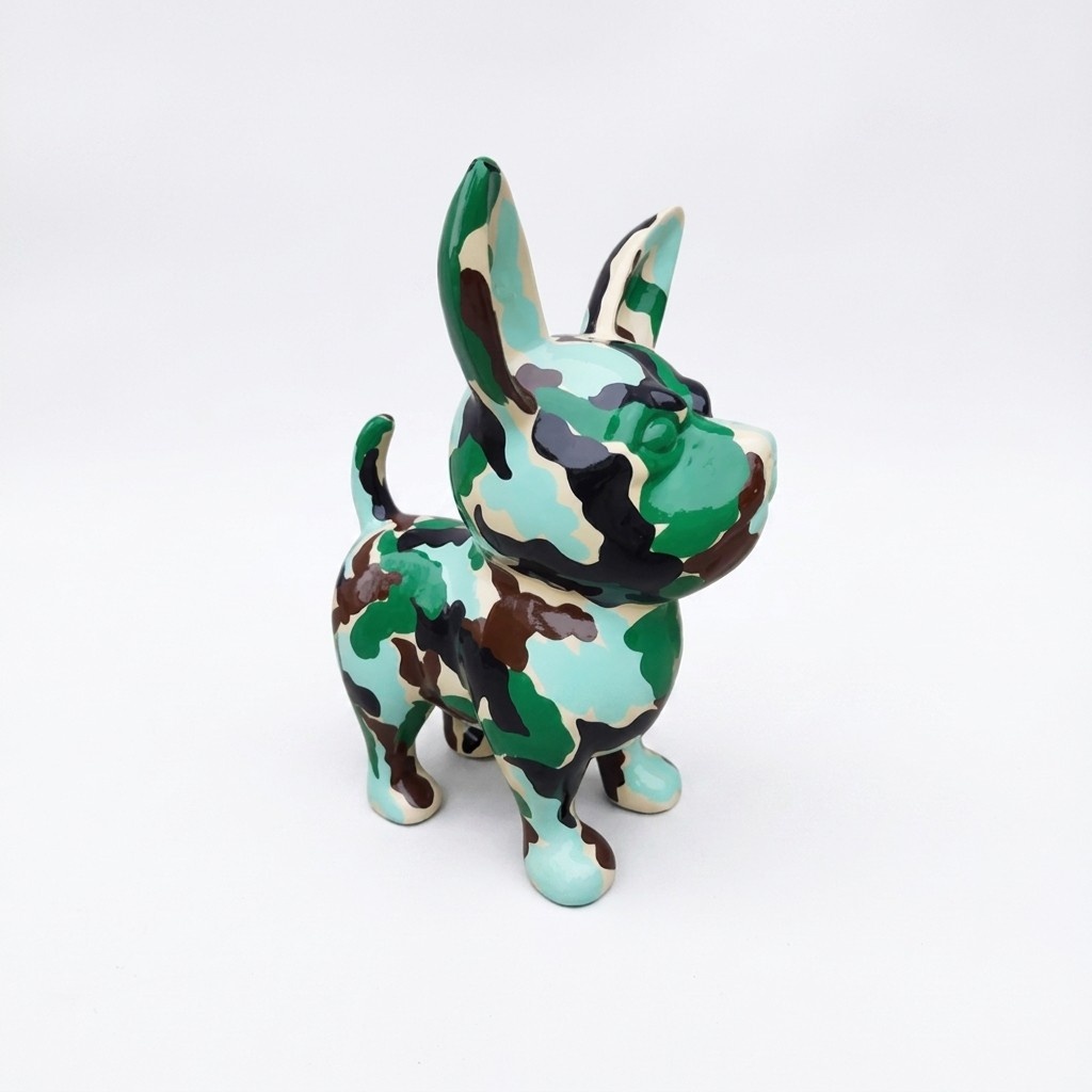 Decorative sculpture designed as a standing puppy in green tones colorful camouflage painted 91cm