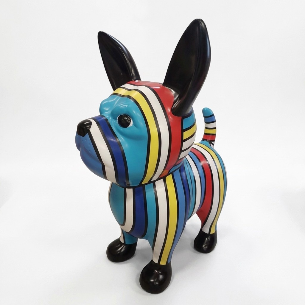 Decorative abstract sculpture designed as a standing puppy in colorful blue tone stripes 175x160cm
