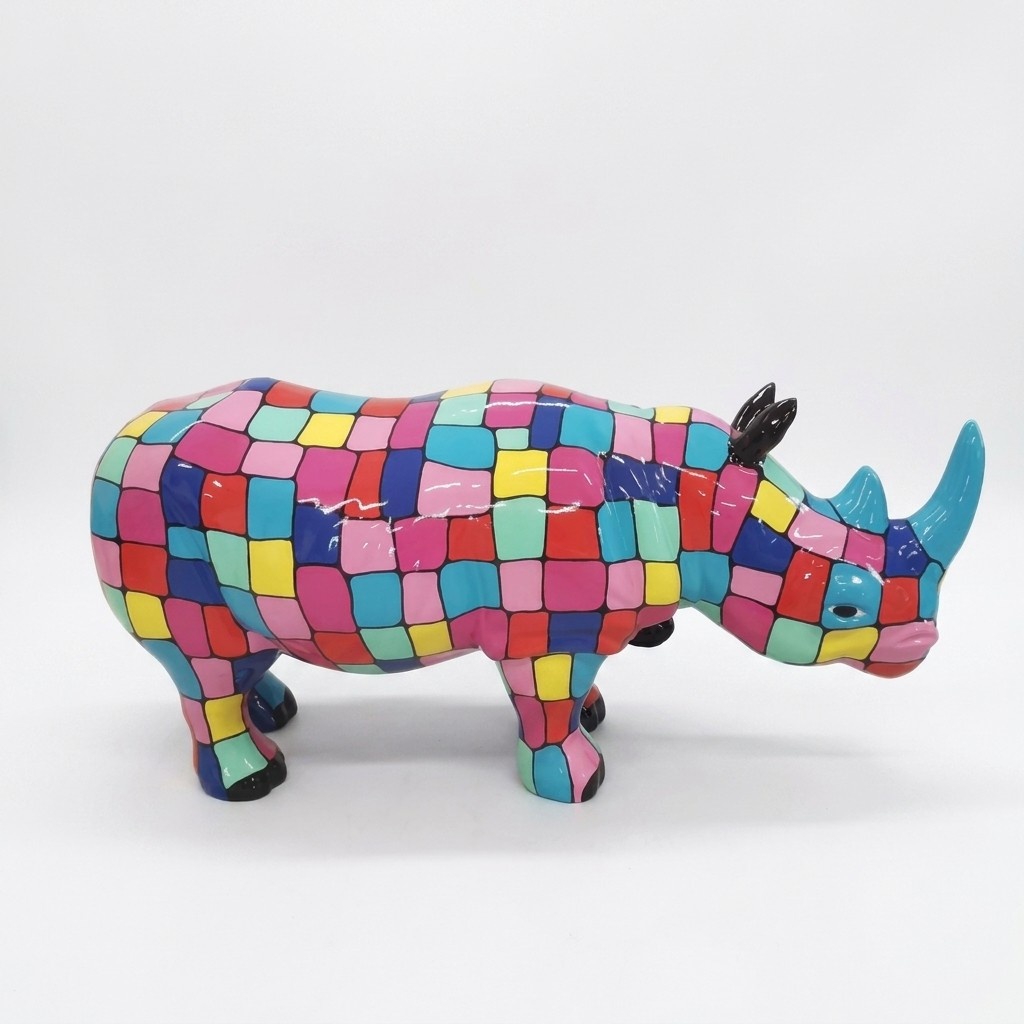 Abstract decorative sculpture designed as gloss rhino with colored mosaic patterns 175cm length
