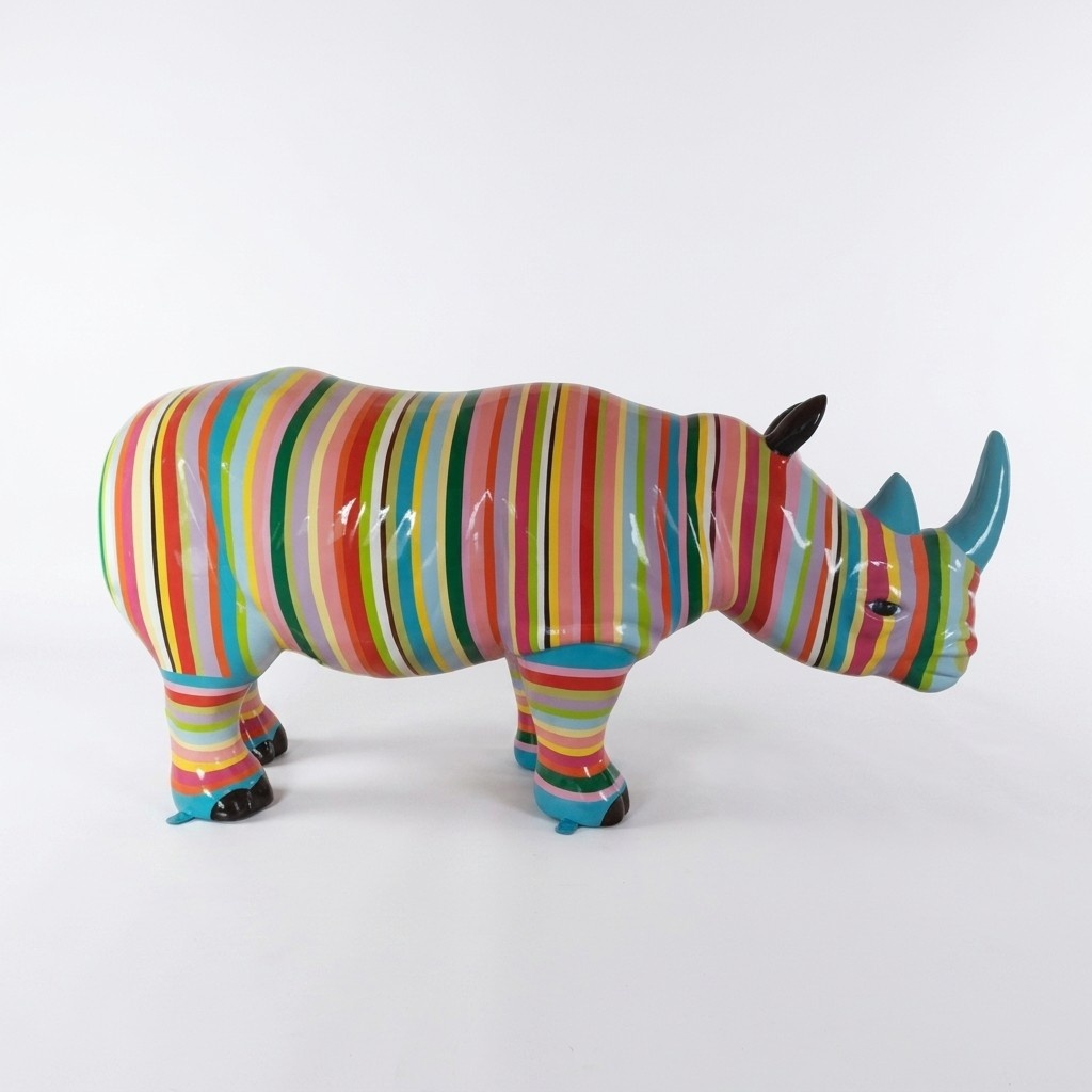 Abstract decorative figure designed as rhino with multicolor stripes 175cm length