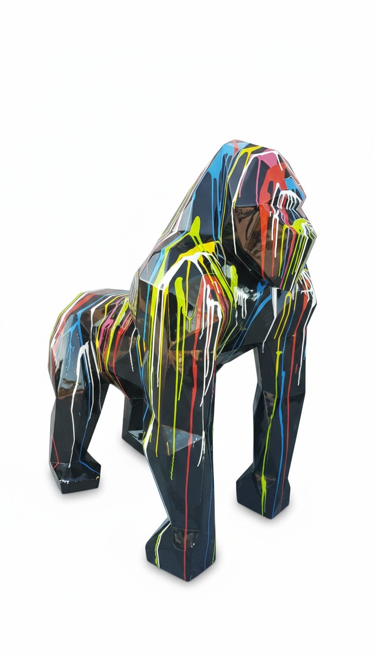 Abstract geometric decorative sculpture designed as black colored gorilla with colorful stripes