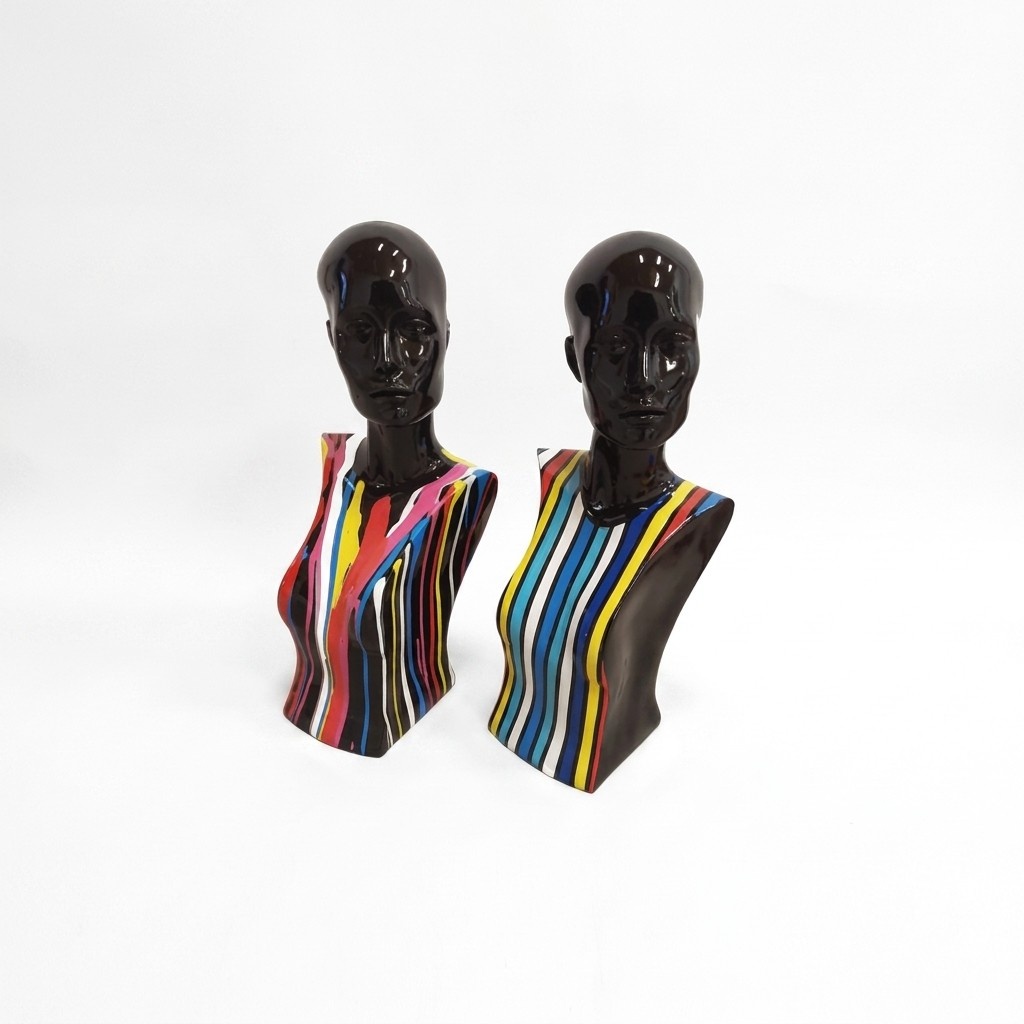 Abstract decorative figure designed as a black gloss bust in colorful stripes 58cm