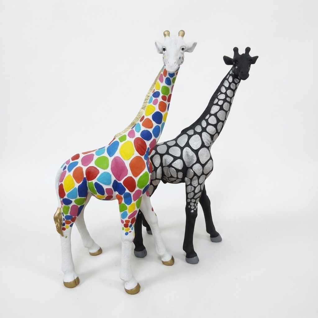 Abstract decorative sculpture designed as a colorful giraffe with random oval patterns 77cm