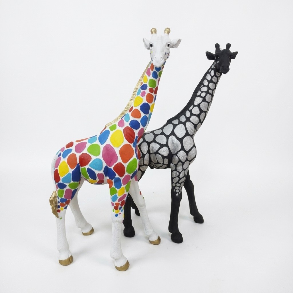 Abstract decorative sculpture designed as a colorful giraffe with random oval patterns 77cm