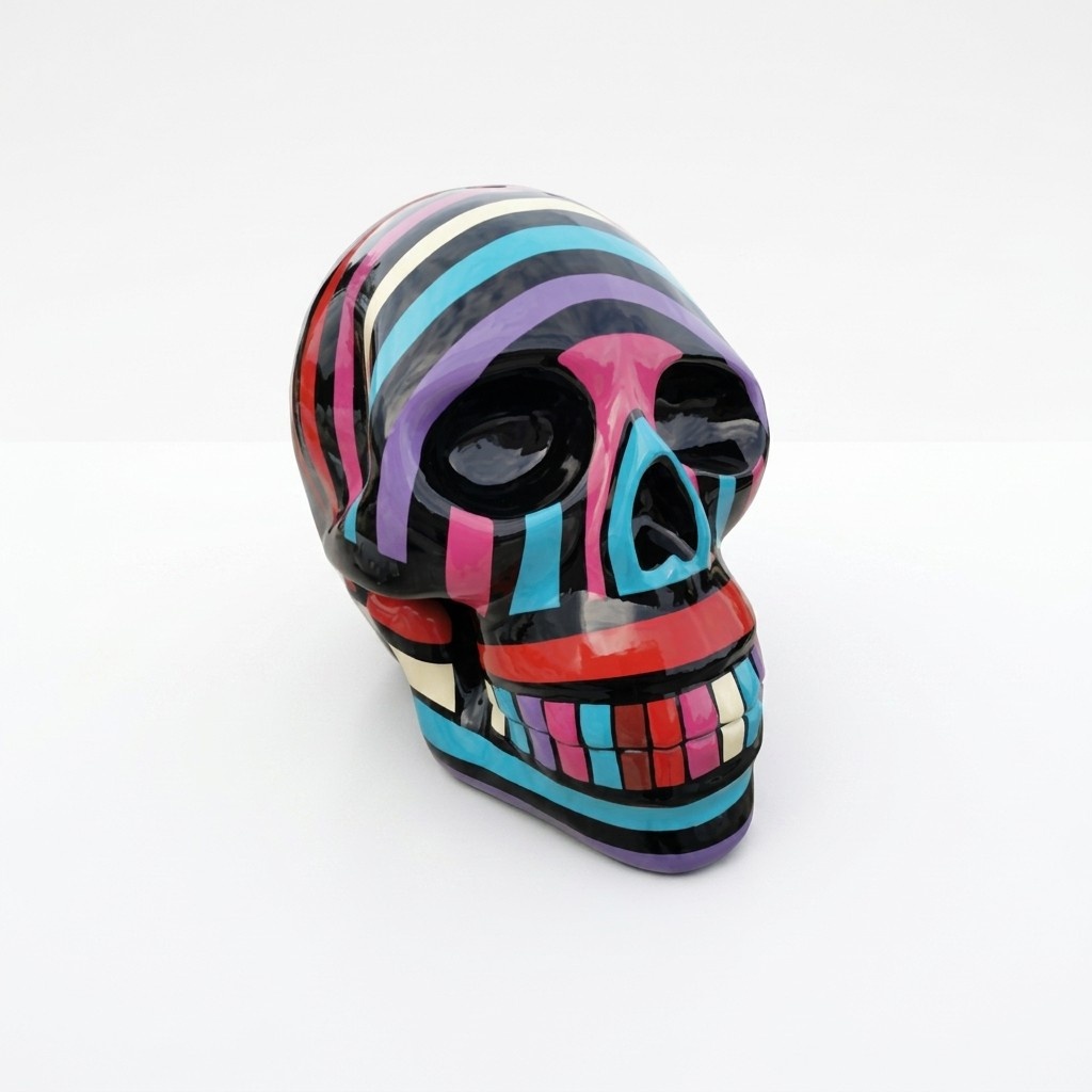 Abstract decorative sculpture designed as a black gloss skull in colorful stripes 66cm
