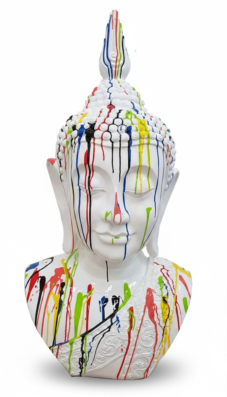 Abstract decorative figure designed as a gloss white colored buddha bust in colorful stripes 117cm