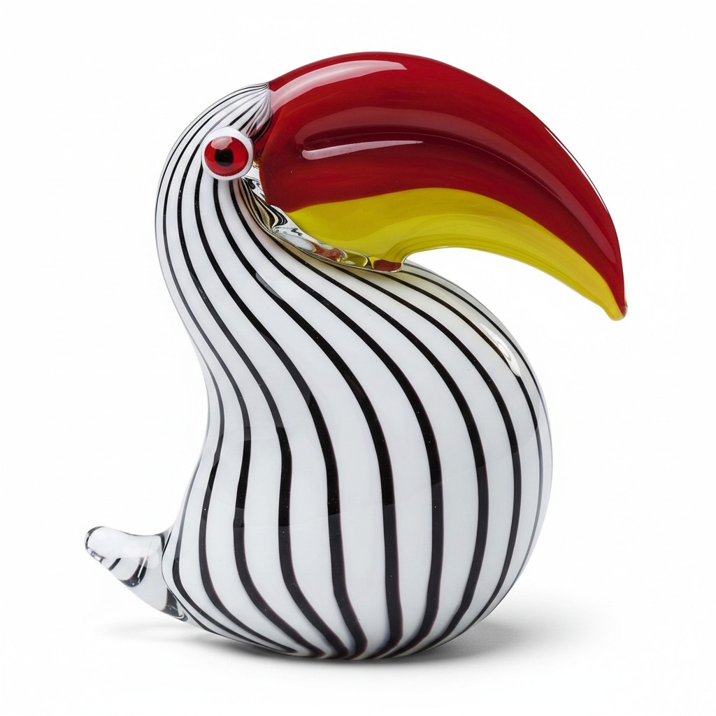 Abstract decorative sculpture designed as a cartoon toucan in black white stripes & red yellow beak A707A