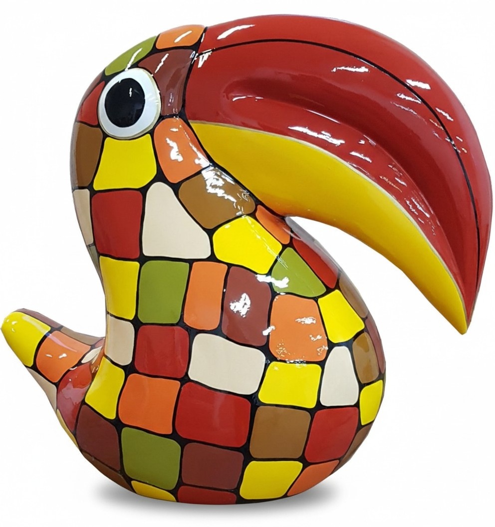 Decorative abstract sculpture designed as a gloss cartoon toucan in colorful mosaic patterns A707B