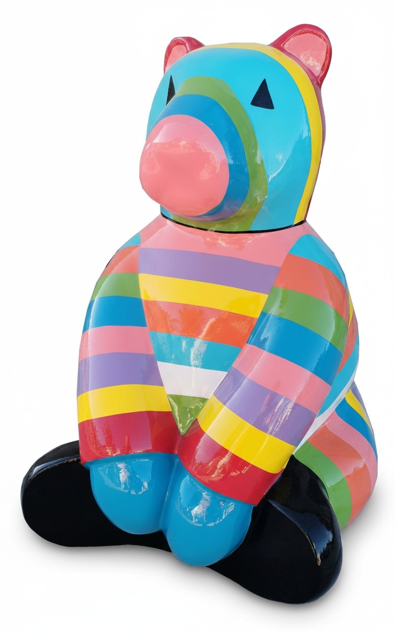 Abstract decorative sculpture designed as a gloss sitting cartoon bear in colorful stripes 67cm