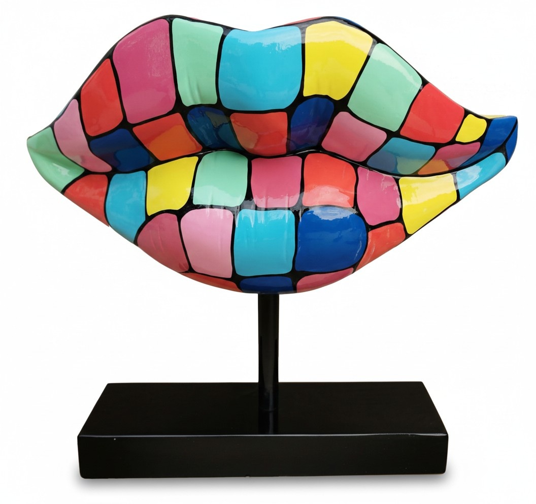 Abstract decorative sculpture designed as a lips in colorful square patterns on a black stand 45cm