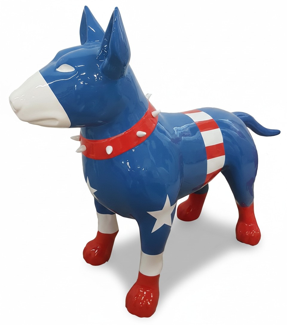 Abstract decorative sculpture designed as a gloss standing bull terrier in colorful captain america suit 85x116cm