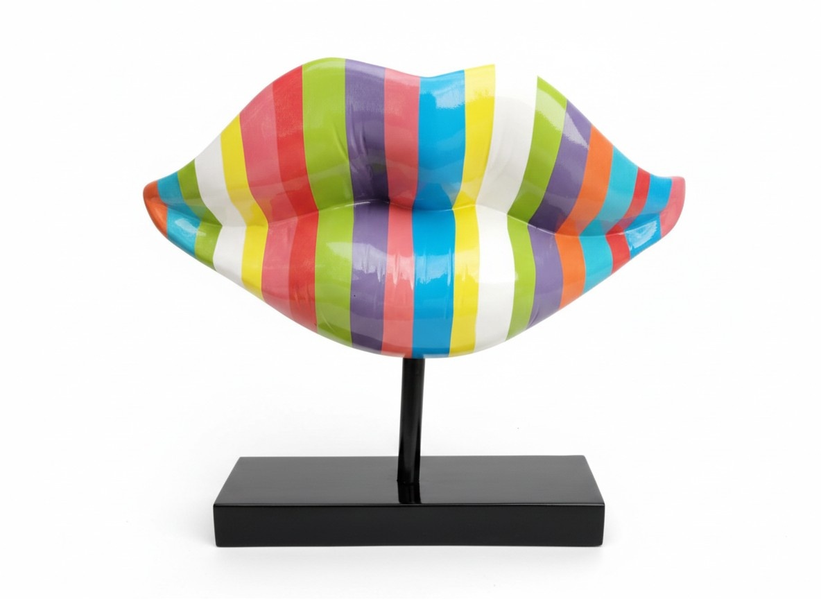 Abstract decorative sculpture designed as a lips in colorful stripes on a black stand 45cm