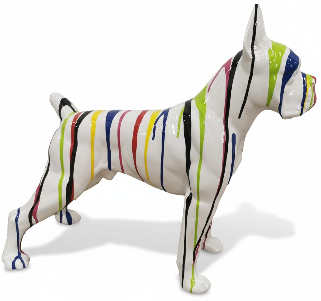 Abstract decorative sculpture designed as gloss white colored standing dog with colorful patterns 47x55cm