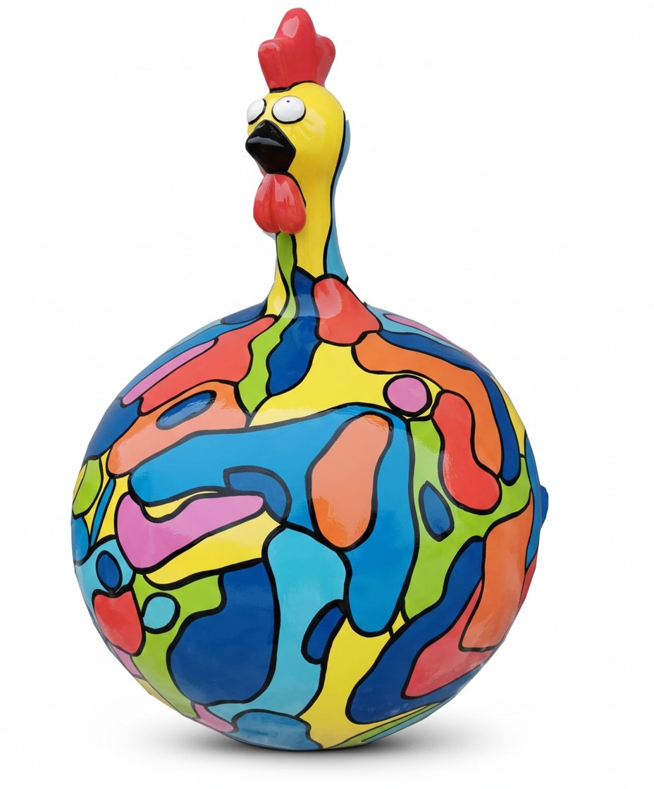 Abstract decorative sculpture designed as a round funny rooster in colorful puzzle patterns 80cm