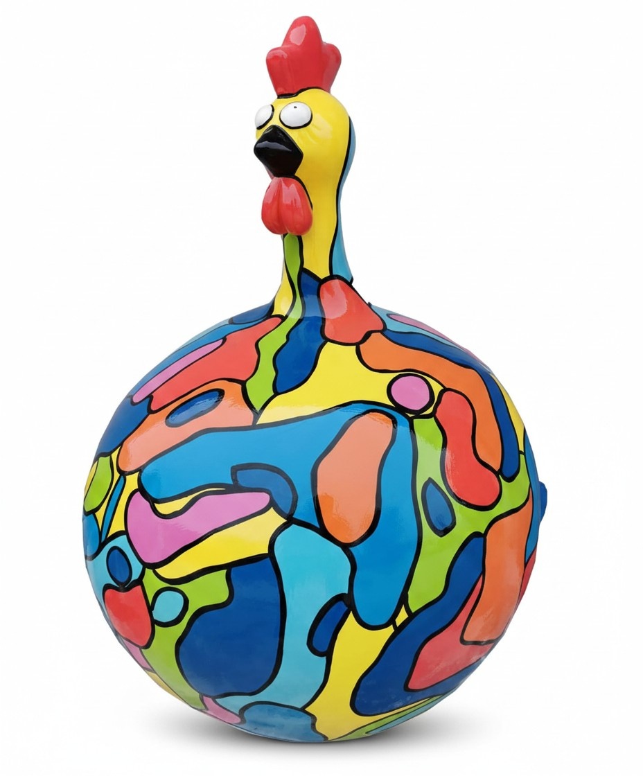 Abstract decorative sculpture designed as a round funny rooster in colorful puzzle patterns 40cm (A790)
