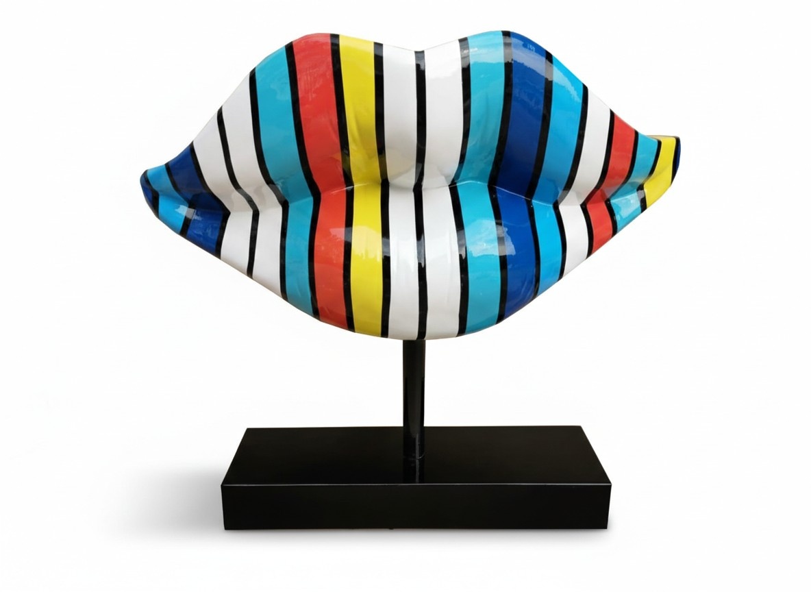 Abstract decorative sculpture designed as a lips in colorful stripes on a black stand 45cm