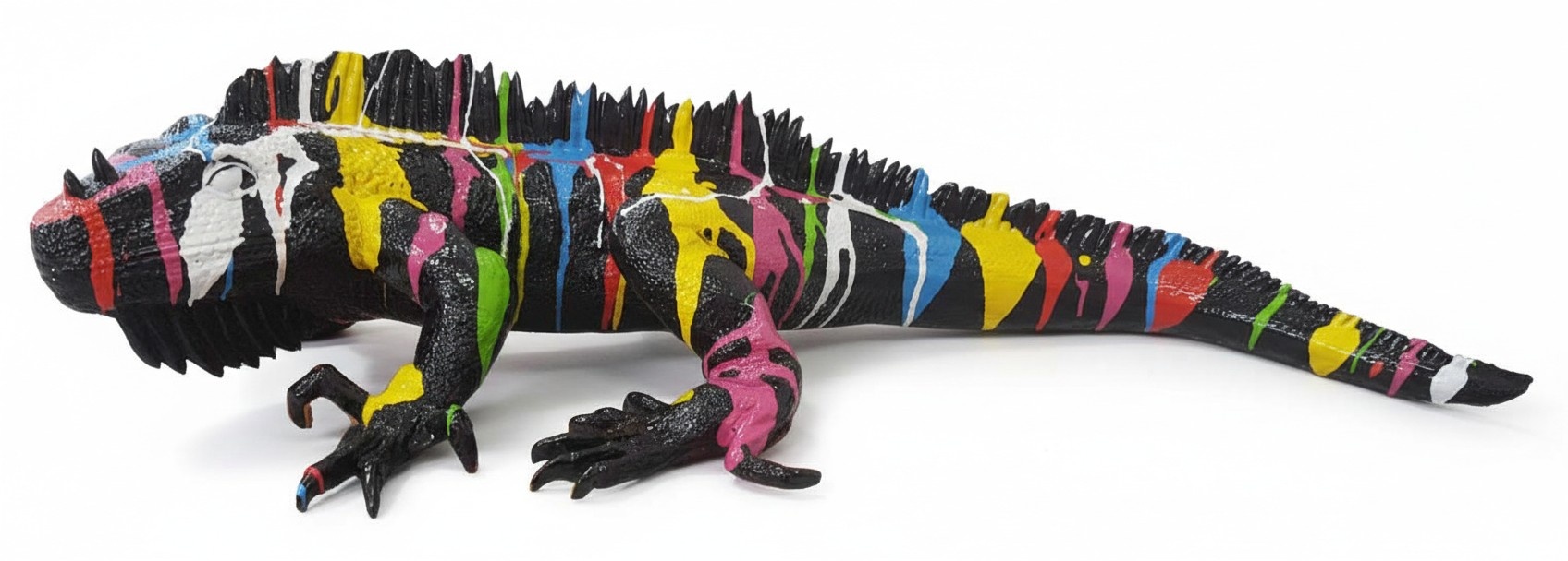 Abstract decorative sculpture designed as black colored iguana in colorful patterns 24x90cm