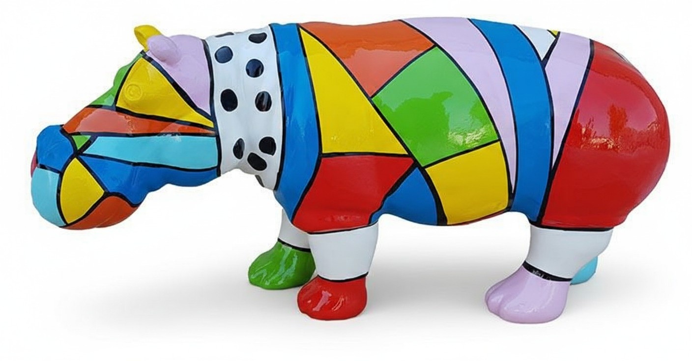 Decorative sculpture designed as a gloss standing hippopotamus in bright colorful patterns 45x100cm