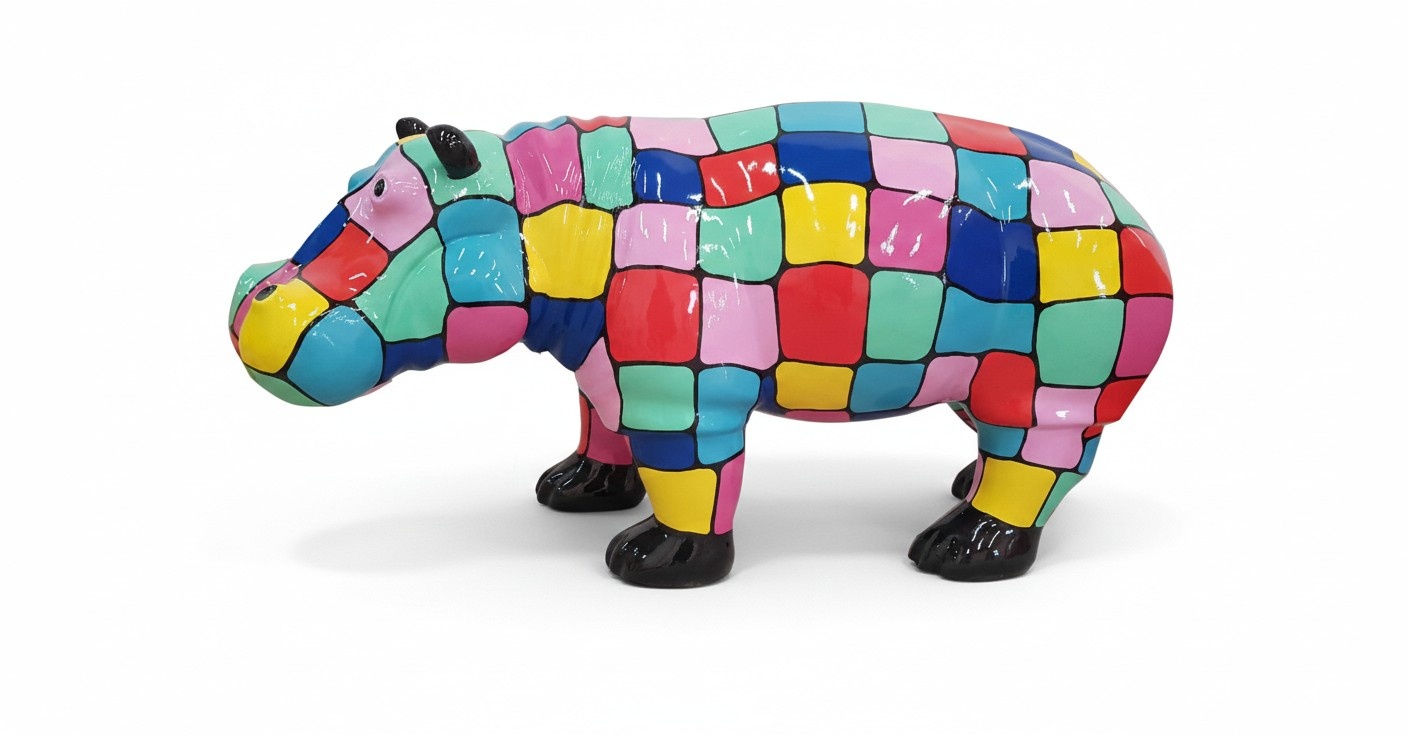 Abstract decorative sculpture designed as gloss standing hippopotamus in colorful puzzle patterns 32x72cm (A722B)