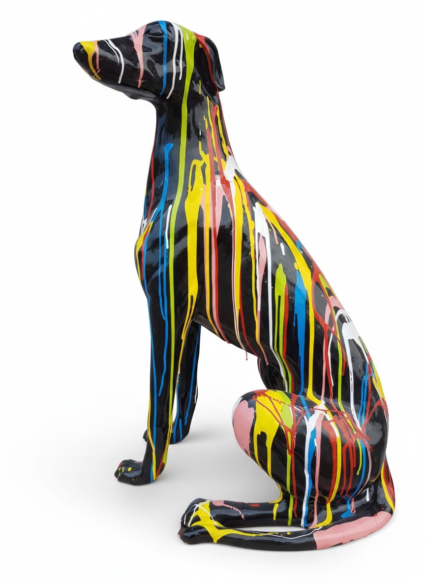 Abstract decorative sculpture designed as gloss black colored sitting dog with colorful stripes 80cm (A490)