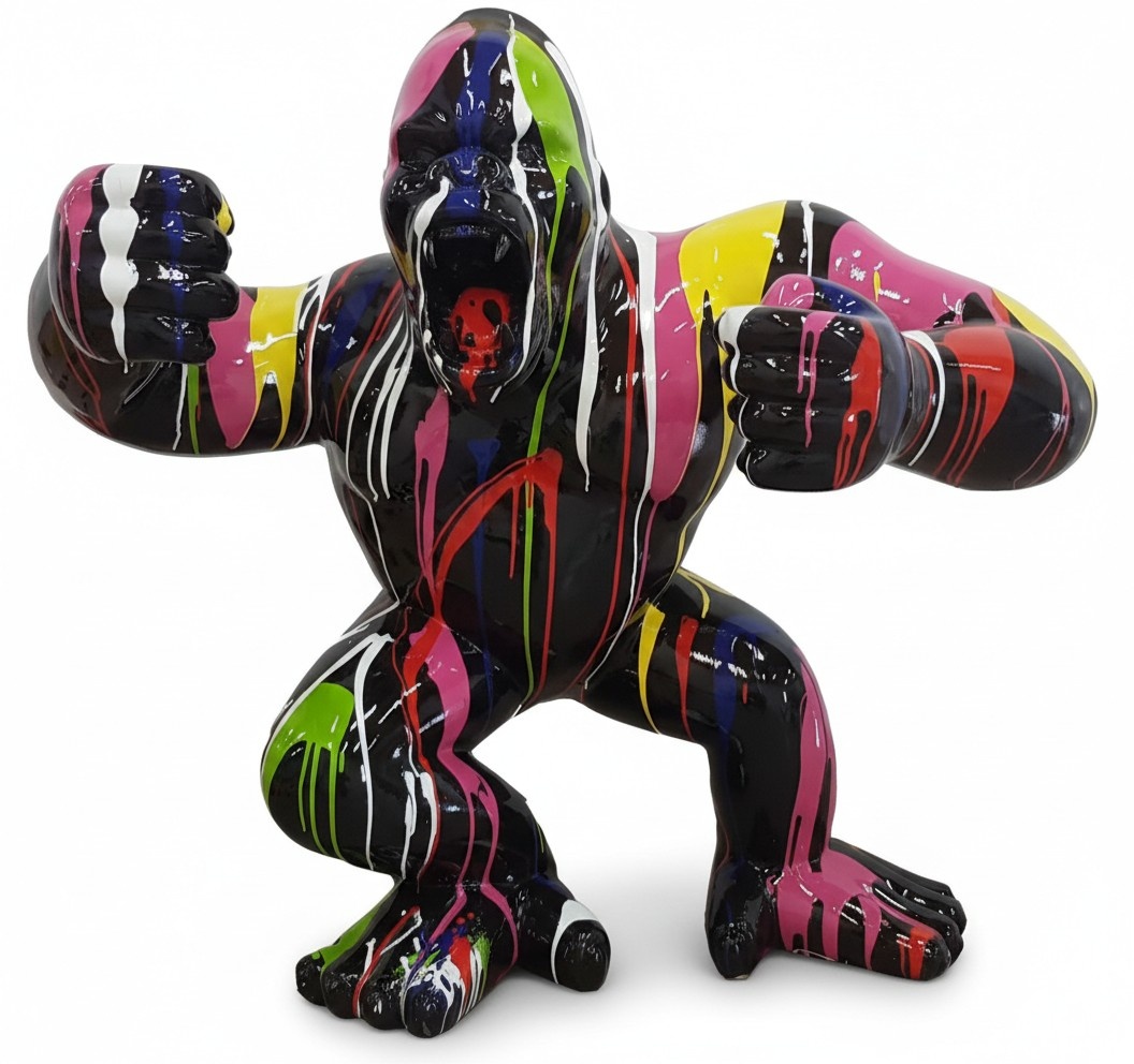Abstract decorative sculpture designed as a gloss black colored angry gorilla with colorful stripes 70 cm (A733C)