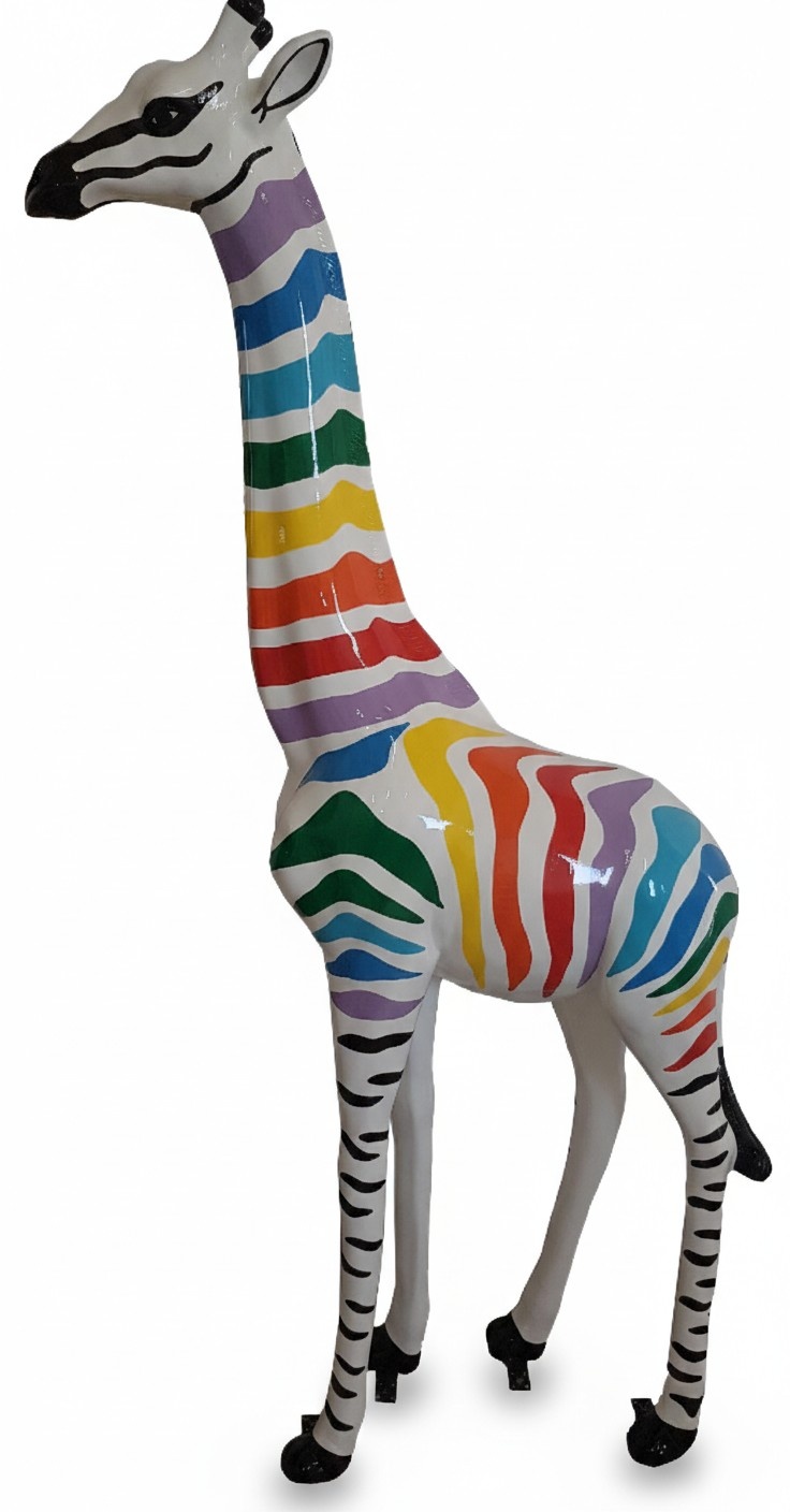 Abstract decorative sculpture of white giraffe figure with colorful stripes 205cm height (A687)