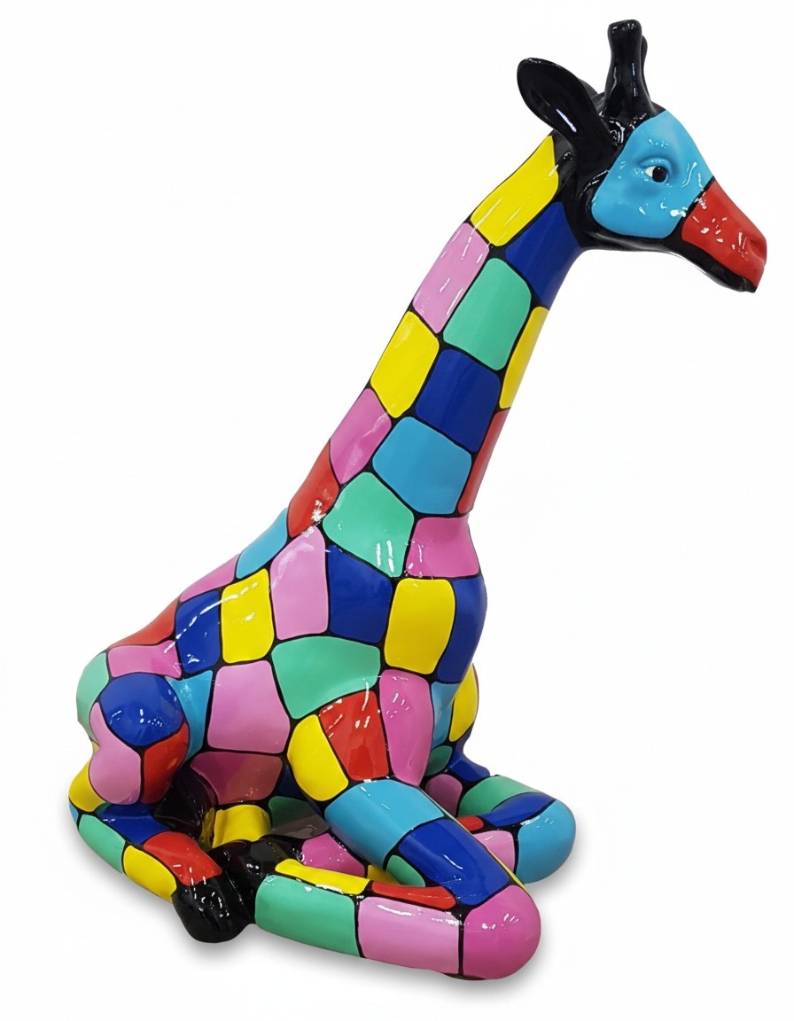Abstract decorative sculpture designed as a resting giraffe in colorful puzzle patterns 80cm (A751B)