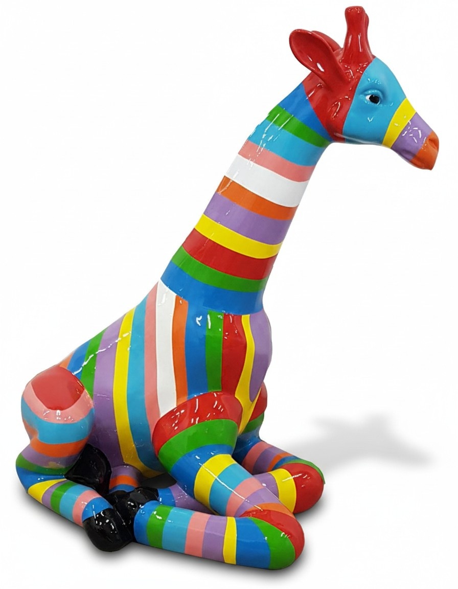 Abstract decorative sculpture designed as a resting giraffe with colorful stripes 80cm (A751A)