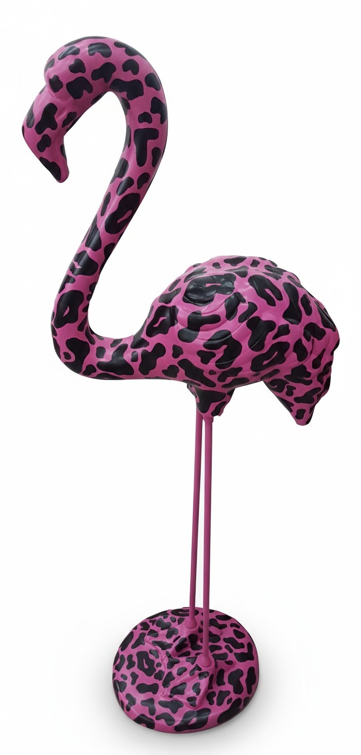 Decorative sculpture designed as a abstract flamingo in pink with black patterns 119cm