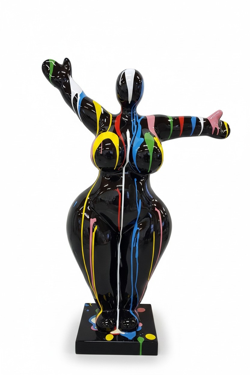 Abstract decorative sculpture designed as a gloss black figure in colorful stripes 85cm (P141B)