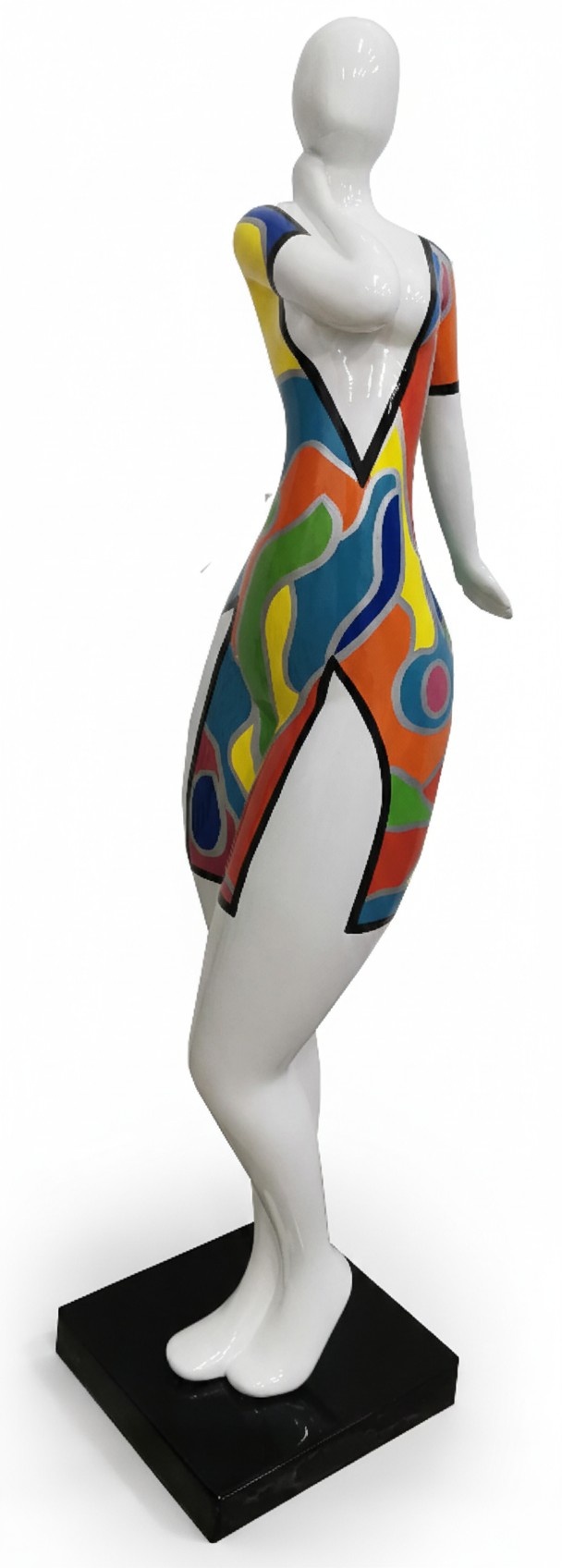 Abstract decorative gloss sculpture designed as white colored figure in colorful patterns 102cm (A170A)