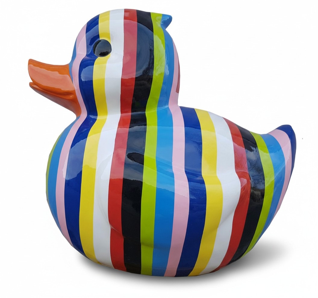 Abstract decorative sculpture designed as gloss duckling in colorful stripes with orange beak 60cm P158A