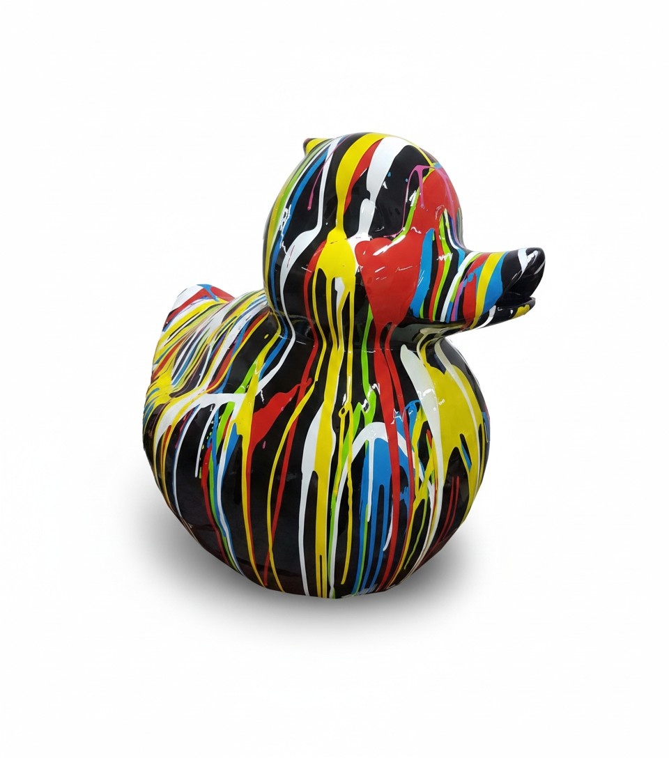 Abstract decorative sculpture designed as gloss black colored duckling with colorful stripes 60cm P158B