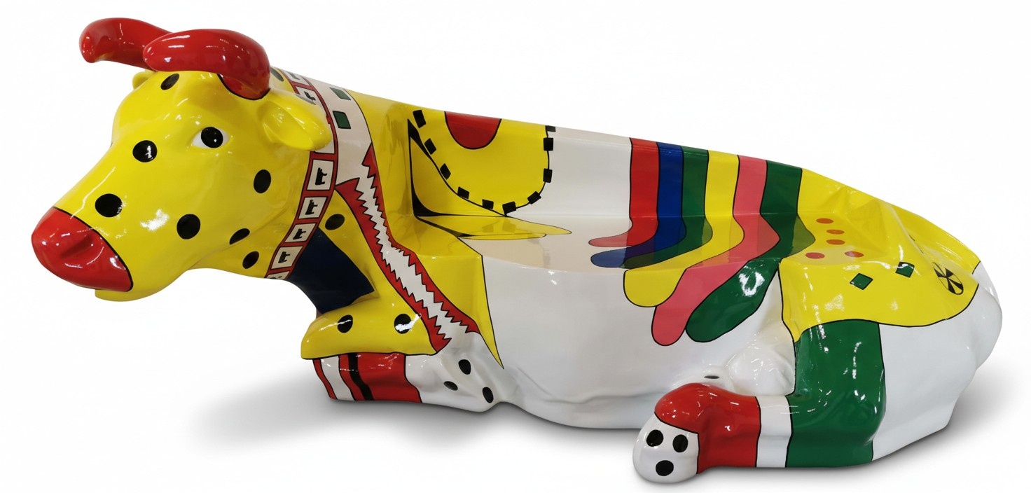 Decorative sculpture of lying colorful cow figure 220cm length (A703B)