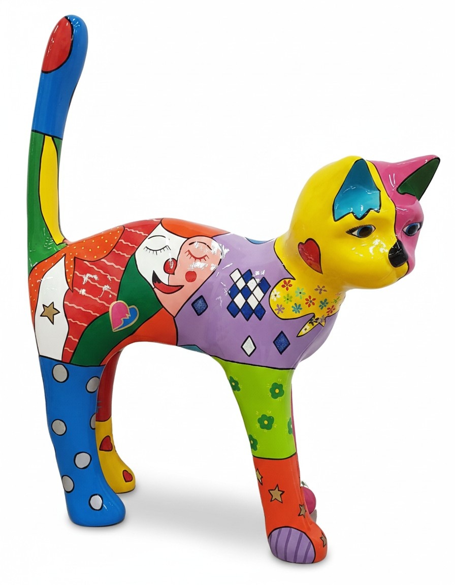 Abstract decorative sculpture designed as colorful standing cat with patterns 110cm
