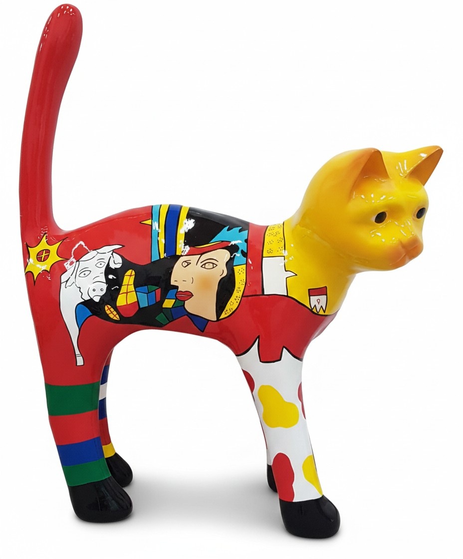 Abstract decorative sculpture designed as gloss colorful cat with patterns 110cm