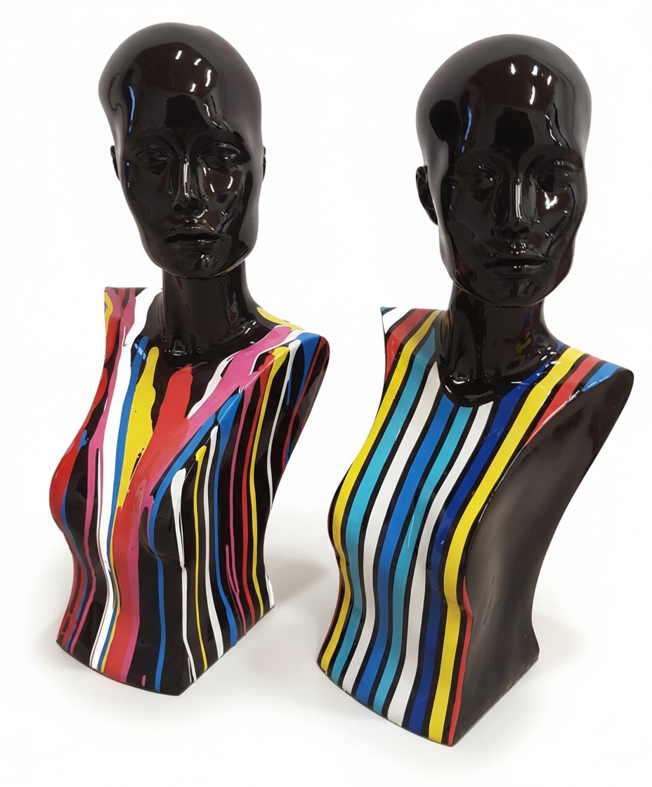 Abstract decorative sculpture designed as black colored woman bust in colorful stripes 58cm