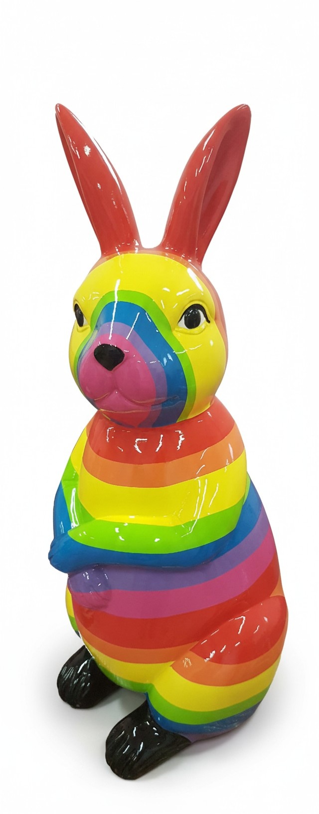 Gloss abstract decorative sculpture designed as standing rabbit in colorful stripes 50cm height A720