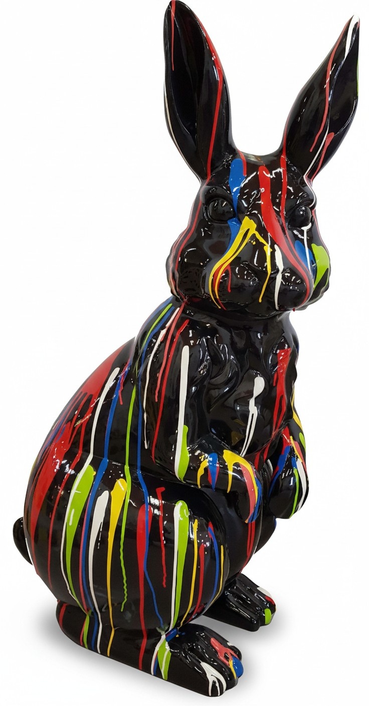 Abstract decorative sculpture designed as gloss black colored rabbit in colorful stripes 110cm (A468B)