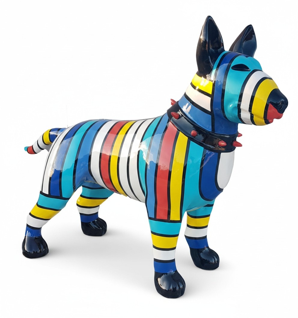 Abstract decorative sculpture designed as gloss bull terrier in colorful stripes 85x116cm (A526F)