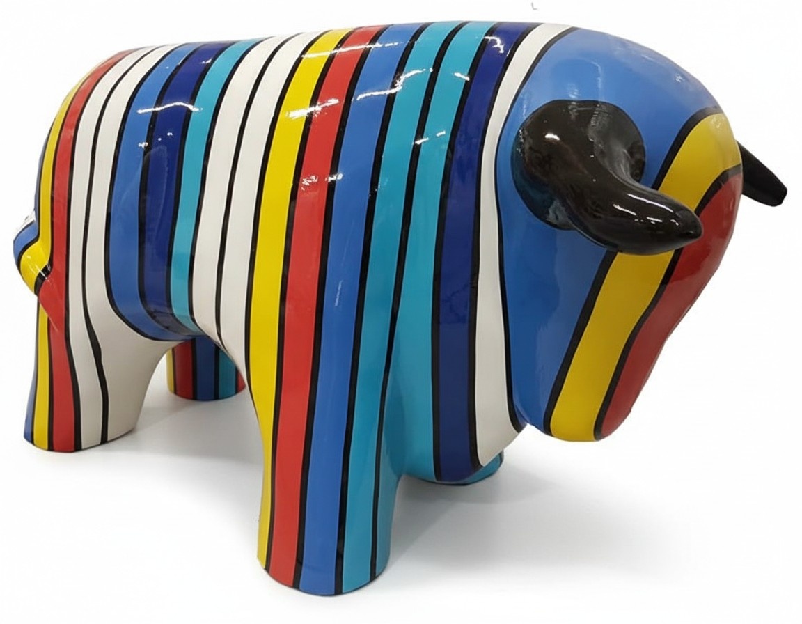 Massive colorful decorative sculpture designed as gloss bull with stripes 40x70cm A650