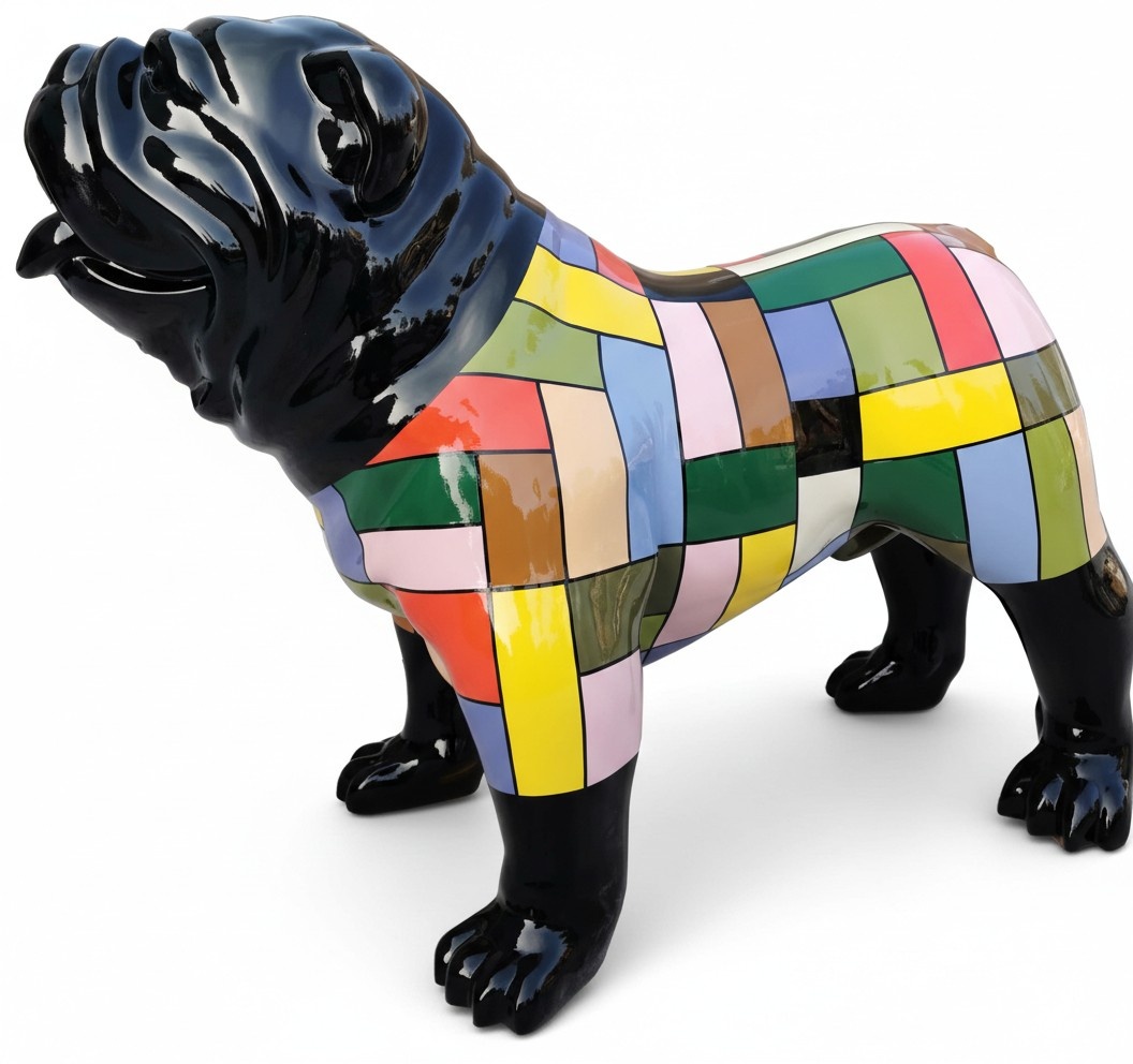 Abstract decorative sculpture designed as black gloss dog with colorful shirt 74x90cm