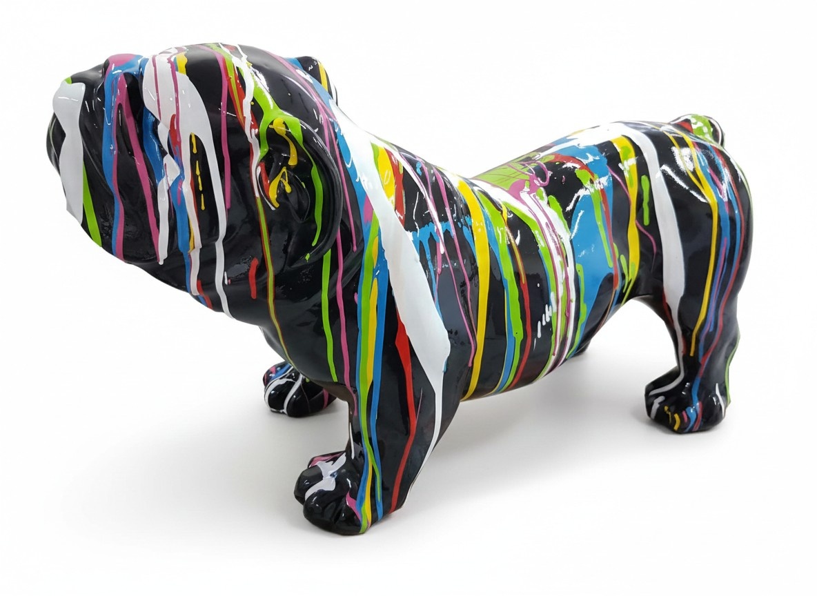 Abstract decorative garden sculpture designed as black colored standing dog with colorful stripes 32cm A515D