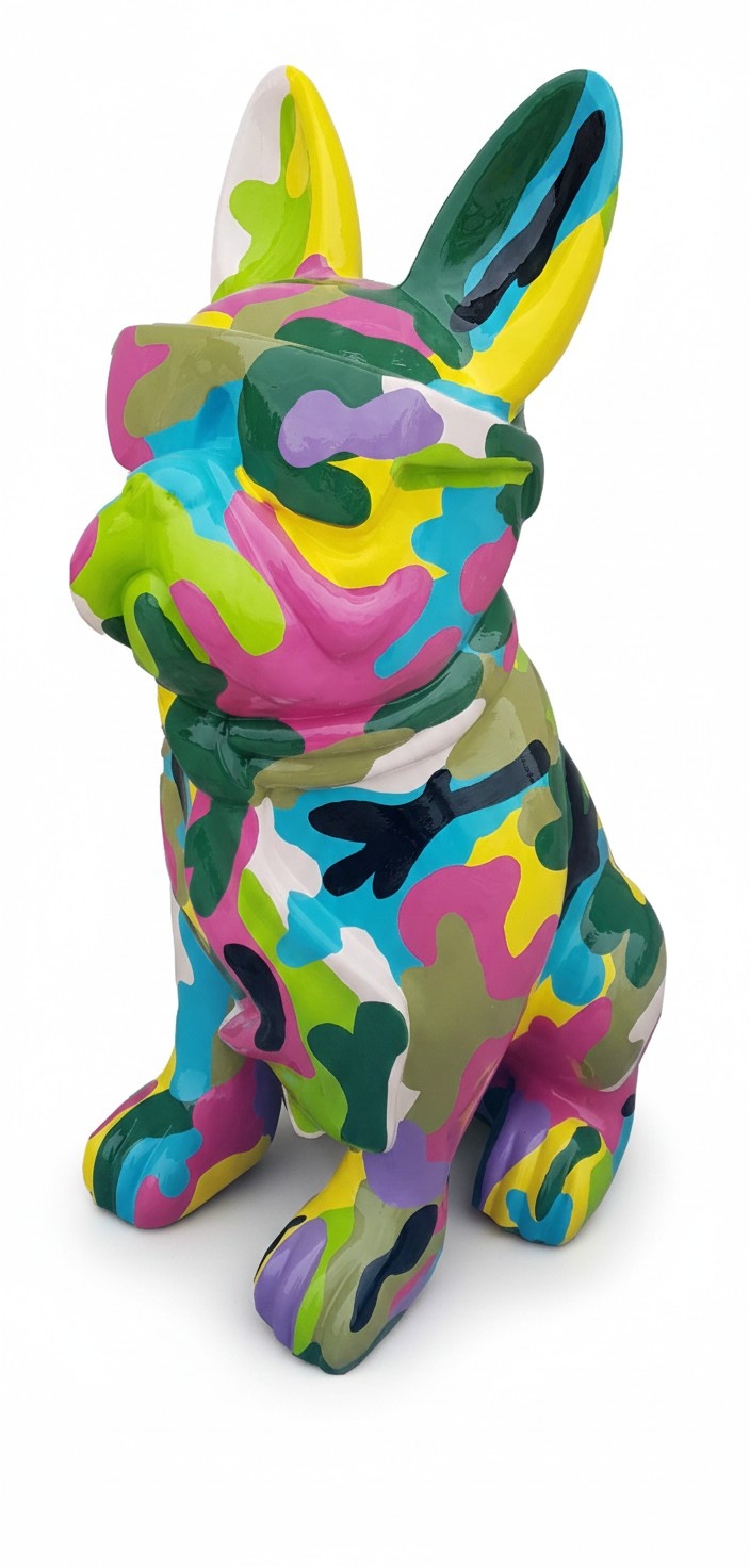 Abstract decorative sculpture designed as sitting colorful dog in army style (A627C) 80cm height