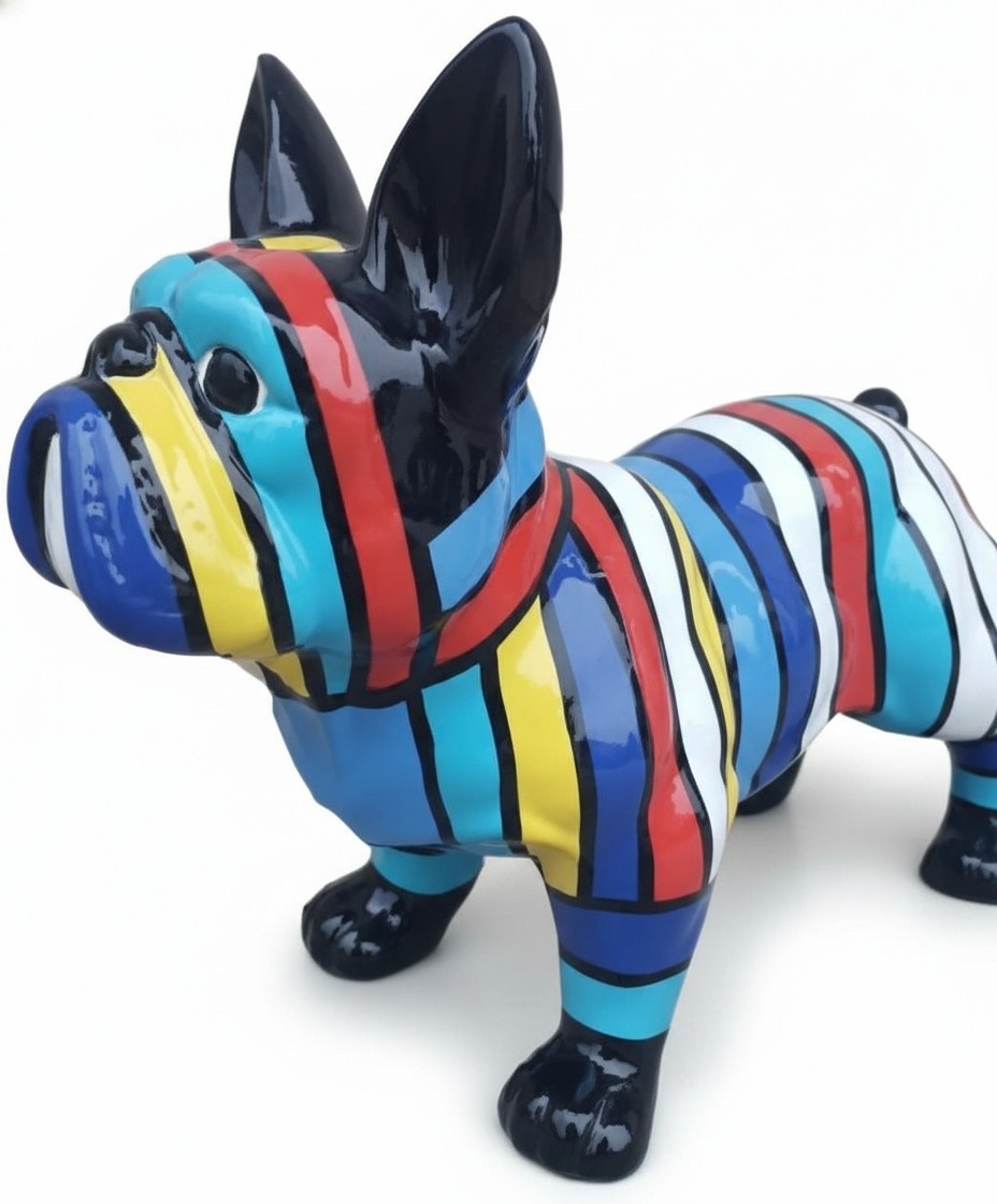 Abstract decorative garden sculpture designed as gloss dog with colorful stripes 30x45cm