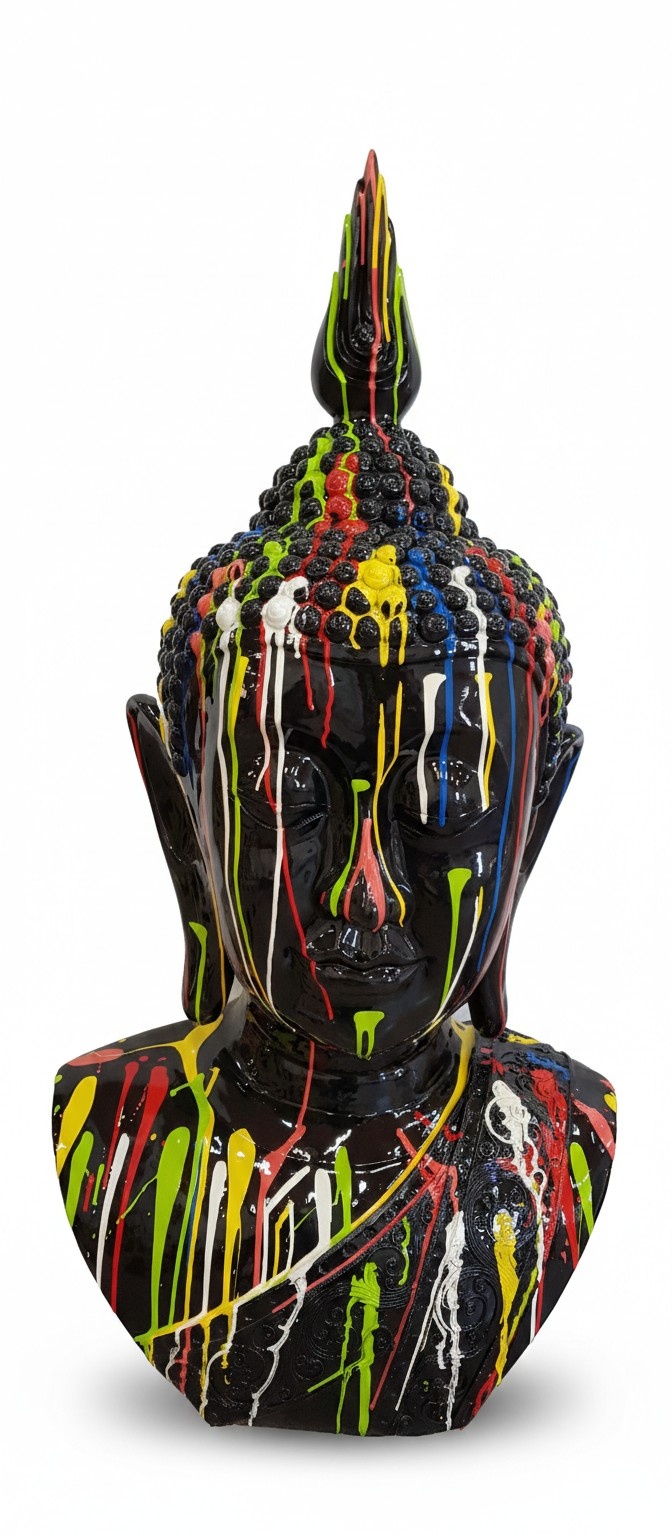 Abstract decorative figure designed as a gloss black colored buddha bust in colorful stripes 117cm (A716)