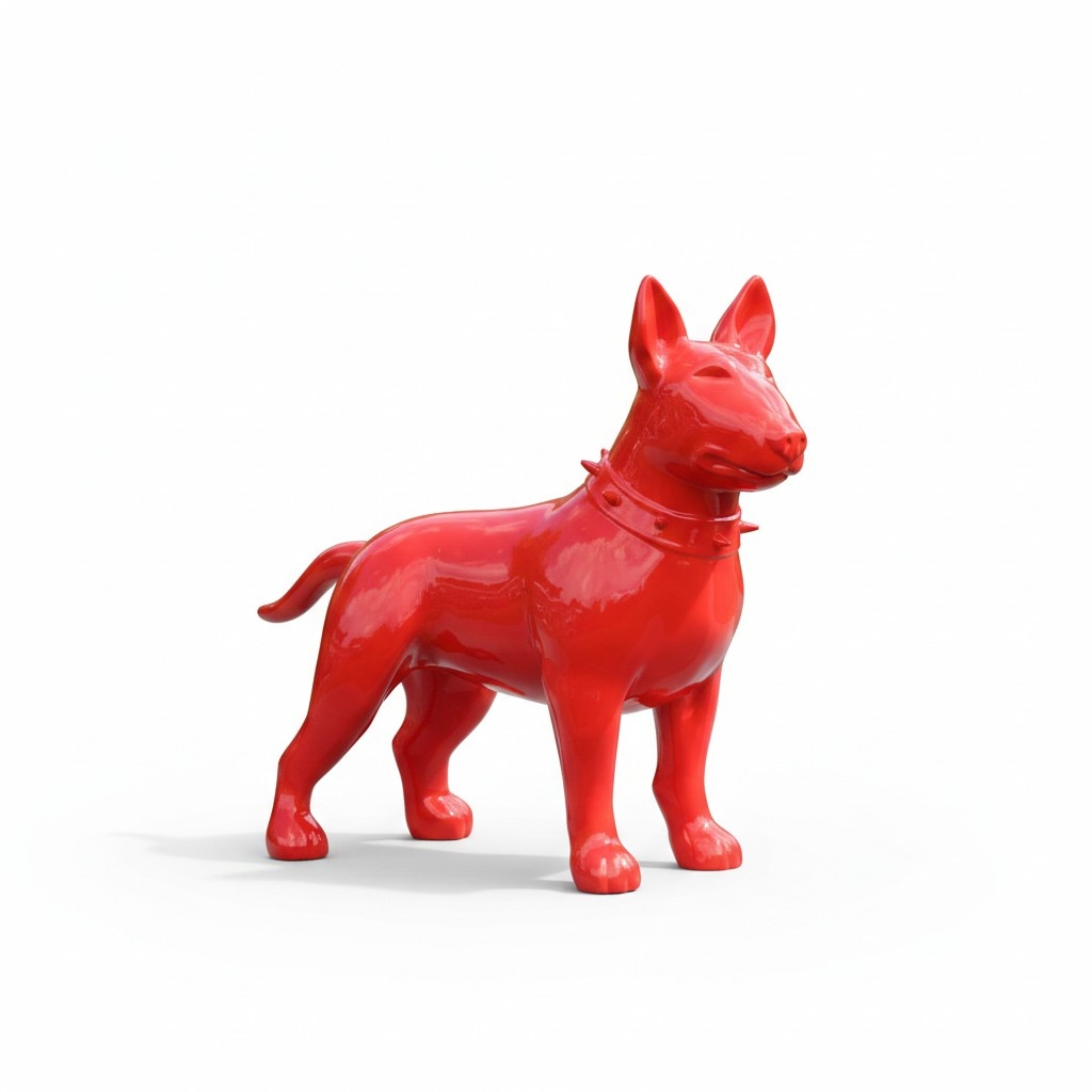 Abstract decorative sculpture designed as full red colored gloss bull terrier (A526A)