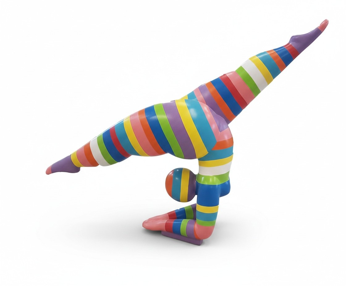 Abstract decorative sculpture designed as gymnastic figure in colorful stripes 140x150x P151