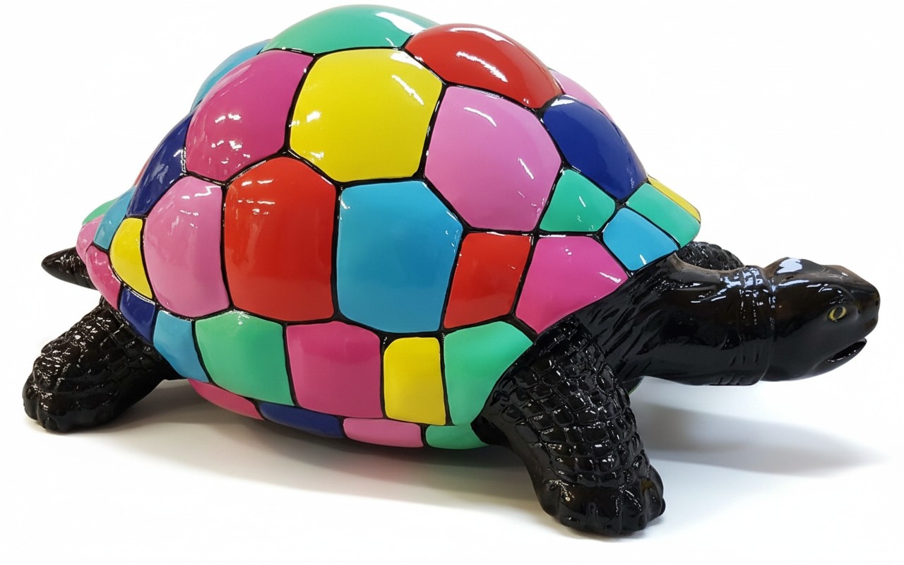 Abstract decorative sculpture designed as a gloss black turtle with multi-colored mosaic shell(P150A)